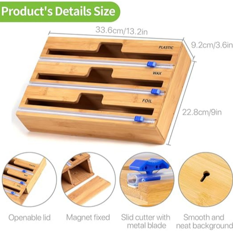 3 I 1 Wrap Dispenser med skärare, plastfolie, aluminiumfolie och vaxpappersdispenser för kökslådan, bamburullarrangörhållare, kompatibel med 12 \\\\ \\\